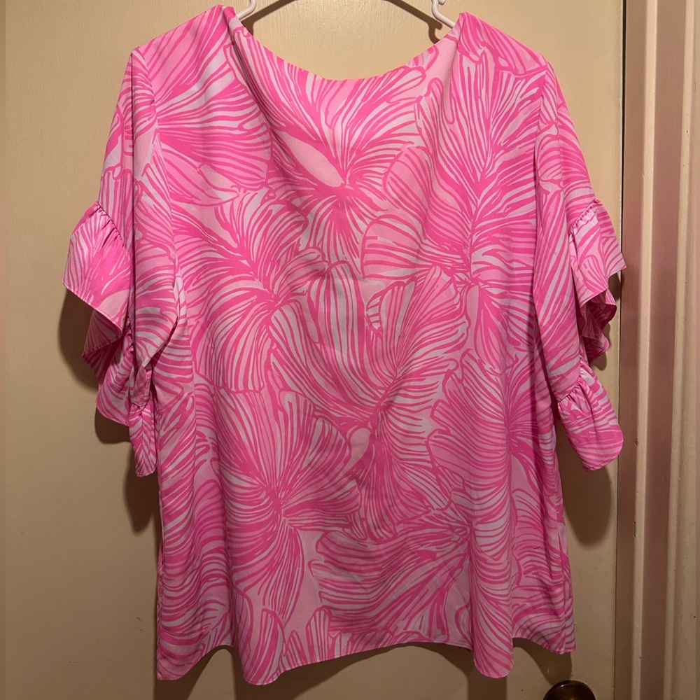 Lilly Pulitzer Pink Patterned Blouse with Ruffle Sleeves - Picture 4 of 10